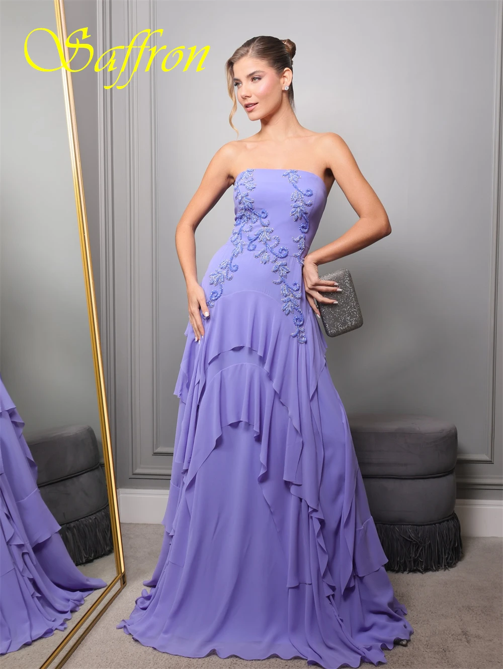 تخصيص فستان سهرة شيفون مثير بدون حمالات رشيقة يزين فساتين حفلة موسيقية موضة طبقات مطرزة فساتين المناسبات الخاصة