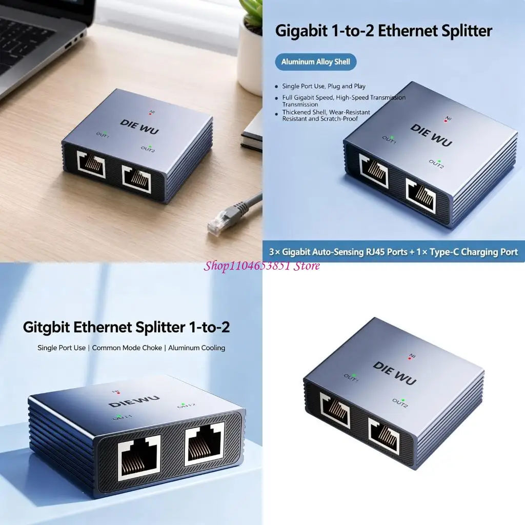Gigabit Ethernet Splitter, 1 to 2 RJ45 Cable Divider with Type C Input and Link Activity Lights for Residential and Office