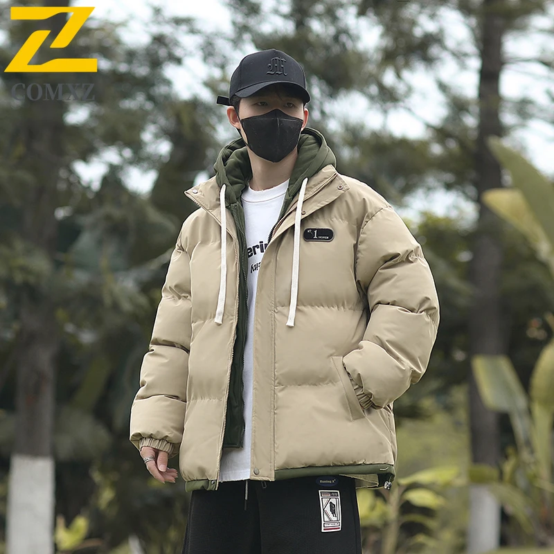 2025 New Winter Parka Men's Teen Leisure Thickened Fake 2 Pct Hooded Cotton Padded Jacket Men Fashion Fluffy Warm Padding Coat