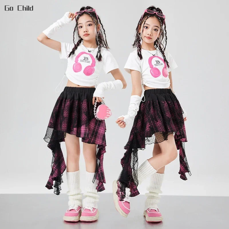 Hip Hop Girls Crop Top Street Dance Gauze K-pop Plaid Skirts Kids Streetwear Children Jazz Cheerleader Costumes Clothes Sets