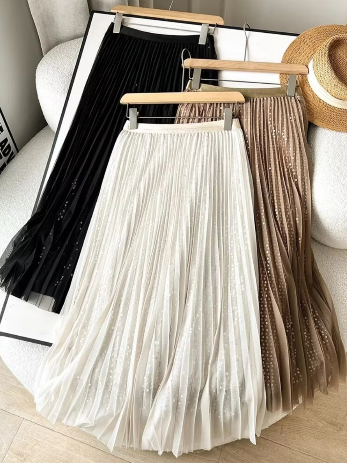 

High Waist iny Sequin Patchwork Double Layered Tulle f Body Skirt A-Line Midi Skirt Street Sle Pure Color Summer 2024