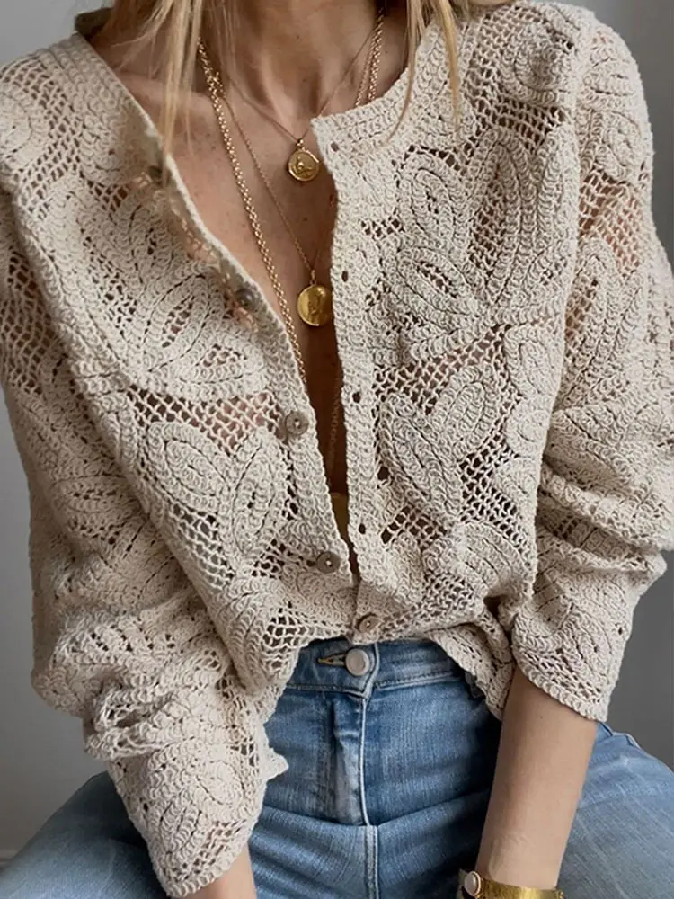 Elegant Lace Hollow Out Shirts Women Vintage Single Breasted Long Sleeve Blouse 2024 Fashion Female Commuting Streetwear