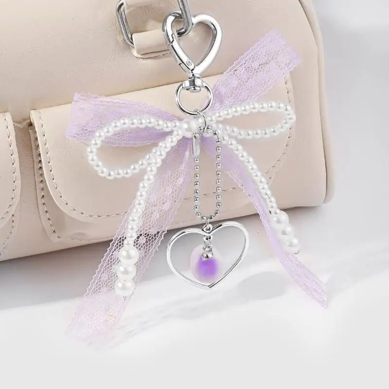 LLavero de cuentas estilo Sweet Ins Y2K elegante cinta de encaje de perlas de imitación llavero con lazo bolso de moda colgante llavero regalos
