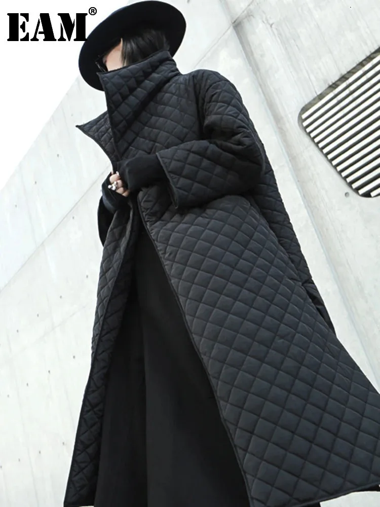 [EAM] Schwarz Große Größe Lange Baumwolle gefütterte Mantel Lange Hülse Lose Fit Frauen Parkas Mode