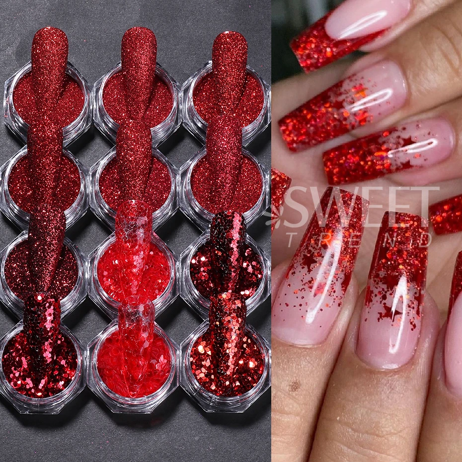 12 pçs vermelho prego glitter lantejoulas mix holográfico gel polonês em pó diy inverno espumante ano novo manicure decoração suprimentos de unhas