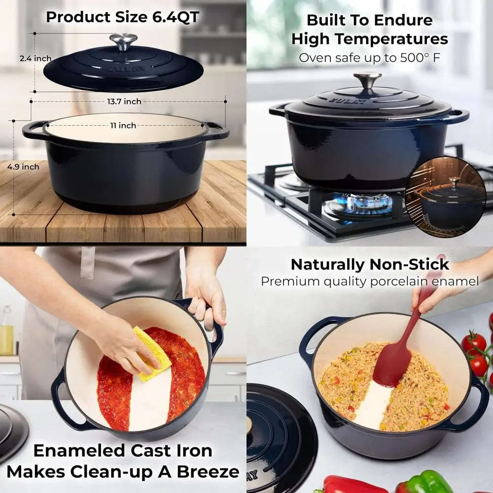 

Enameled Cast Iron Dutch Oven Pot with Lid - Heavy Duty Cookware for Bread Baking, Stews, Braising, Roasting - Oven Safe up to 5