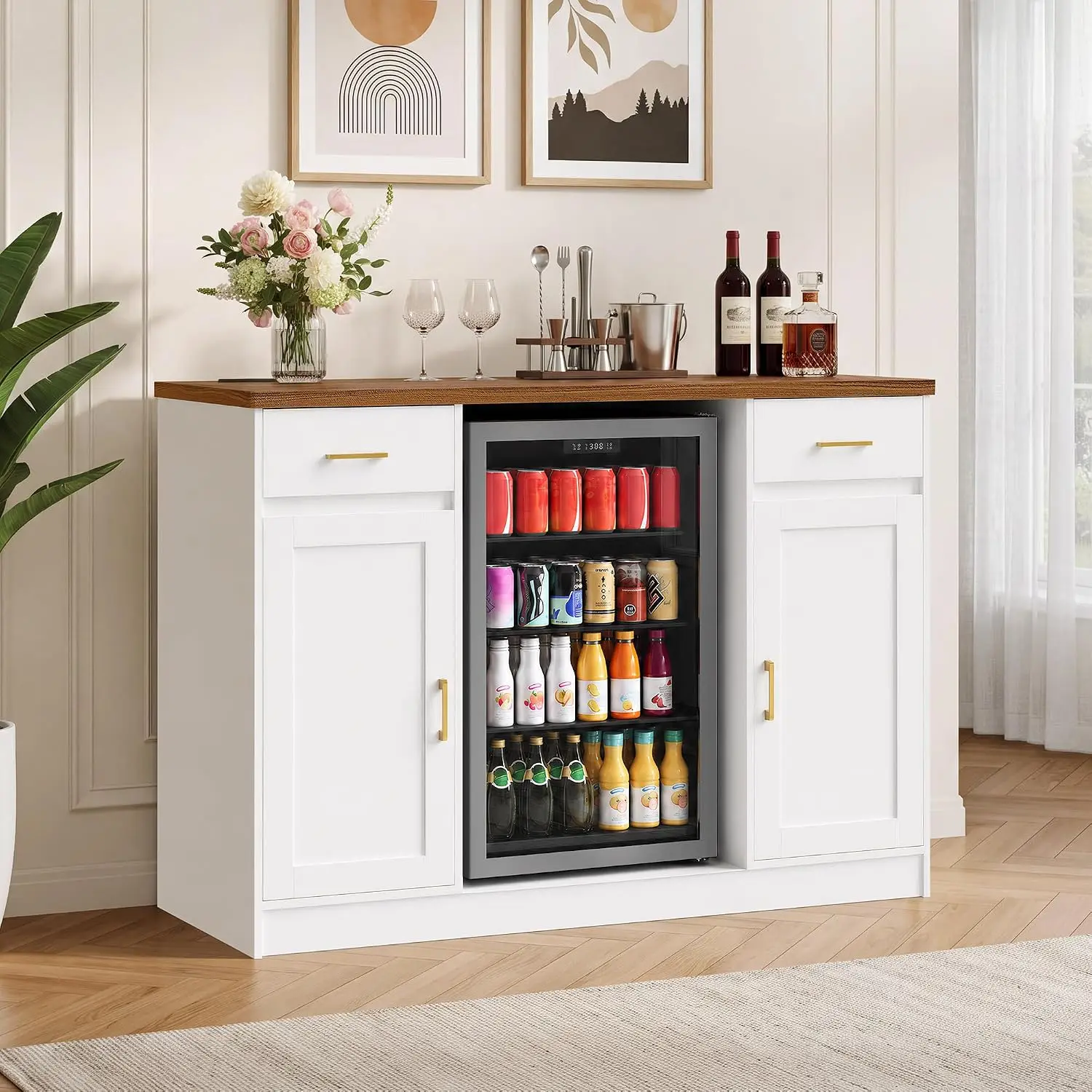 Coffee Bar Cabinet with Fridge Space & Charging Station White, Customized