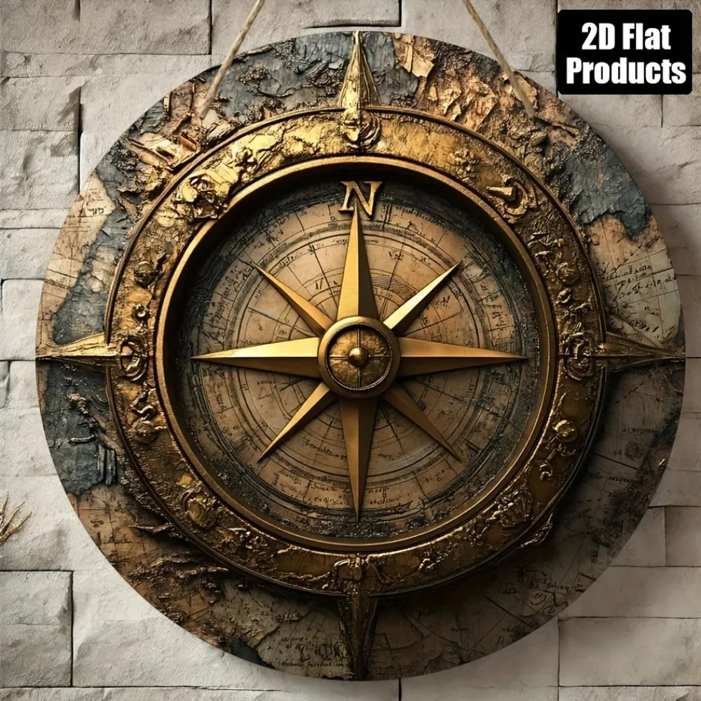 Vintage Runder Kompass Aluminium-Metallschild Rostfrei Wasserdicht Verblassungsbeständig Wandkunst-Dekoration für Zuhause Café Bar Innen- und Außenbereich zum Aufhängen