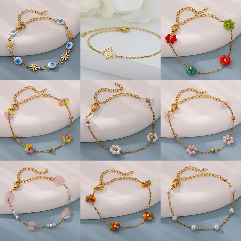 Fashion Beads Flower Bracelets For Women Gold Color Stainless Steel Pearl Beads Bracelet Christmas Wedding Jewelry Gift