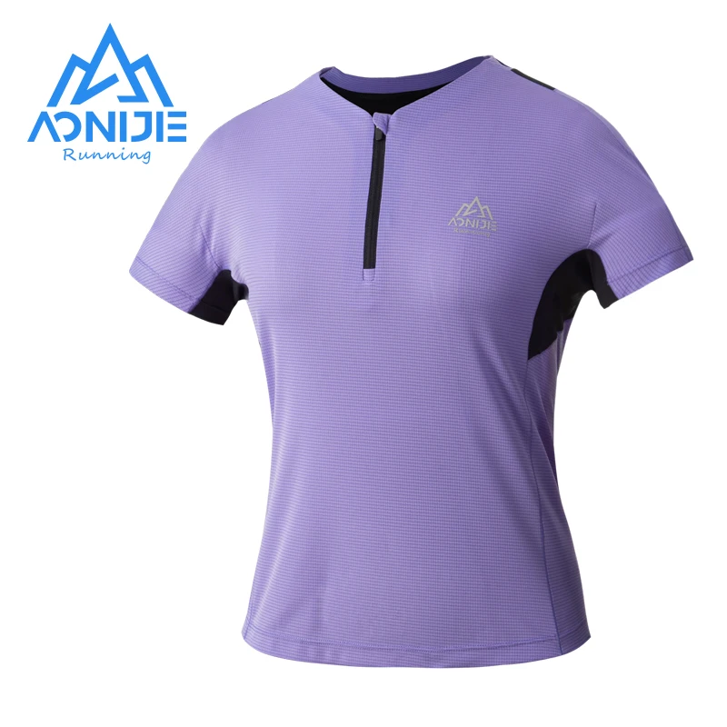 AONIJIE FW5159 Women Female Small Checkered Sports Quick Drying T-shirt Running Crewneck Zipper Short Sleeves Breathable Tops