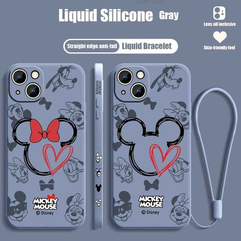 Disney Mickey Mouse Logo For Apple iPhone 15 14 13 12 11 XS XR X 8 7 Pro Max Plus Mini Liquid Left Rope Phone Case