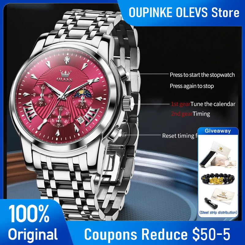 

Часы OLEVS, мужские часы 2892, новые высококачественные оригинальные деловые кварцевые часы, водонепроницаемые светящиеся часы с фазой Луны для мужчин, подарки в коробке