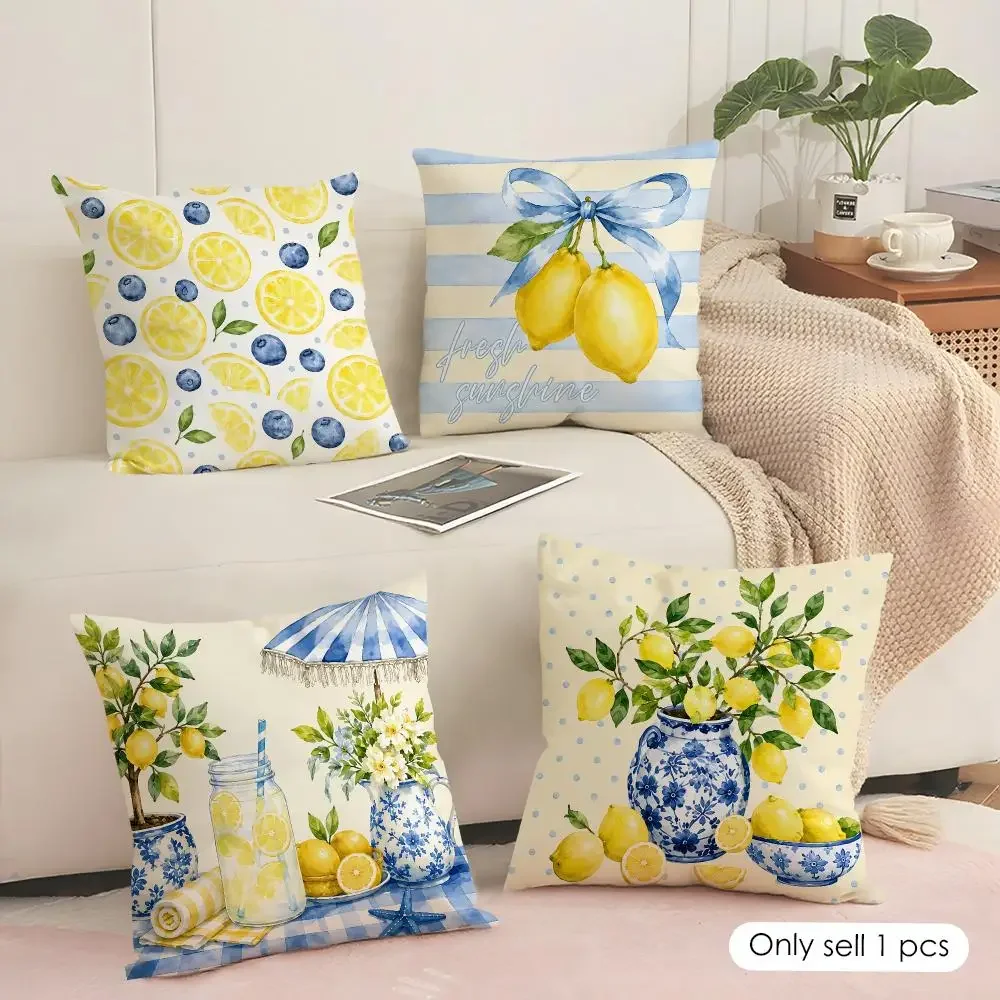 Fresh Lemon and Blueberry Print Throw Pillow Covers for Sofa Couch Decor Seasonal Summer Kitchen Bathroom Accent