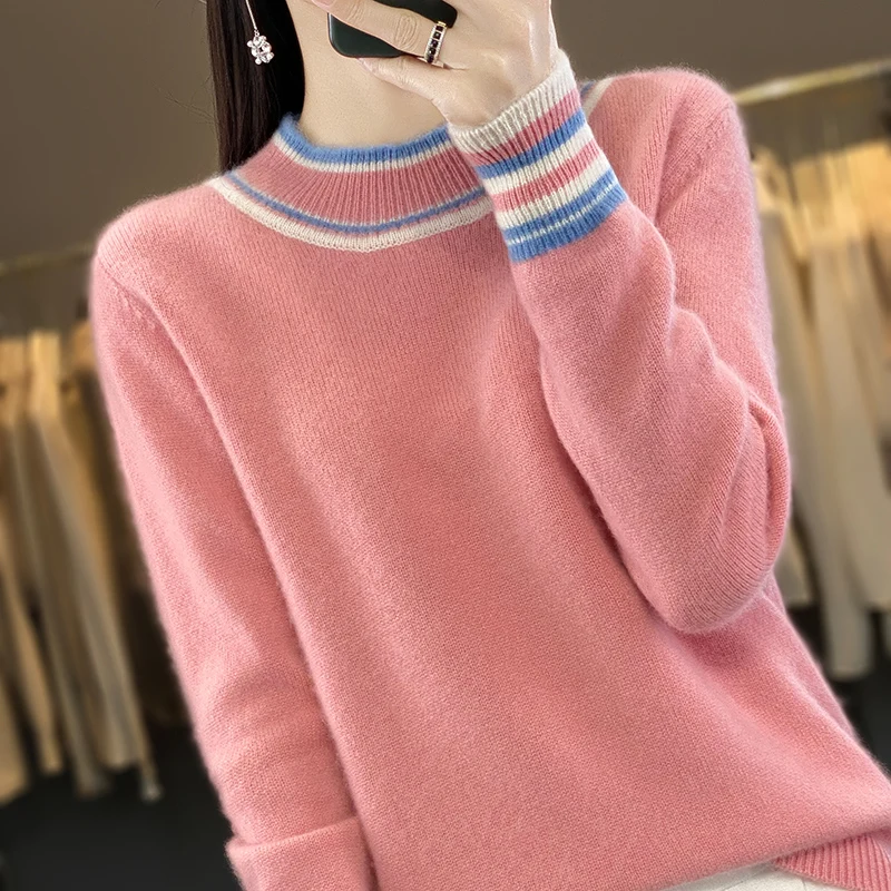 Fall/Winter  New Women's 100% Merino Sweater Crewneck Knitted Pullover Color Matching Long Sleeve Sweater