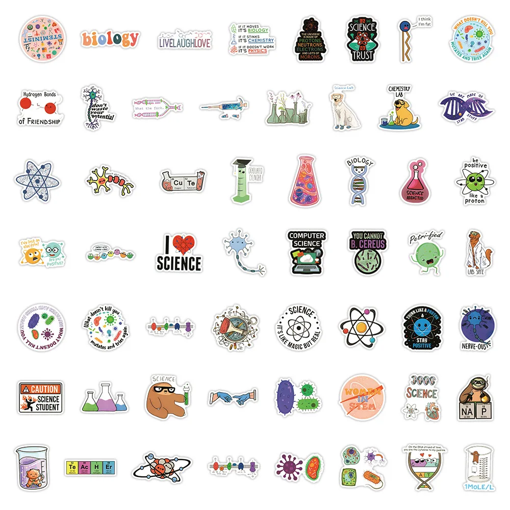 50/110 قطعة عنصر العلوم مضحك ملصقات الكرتون الكيمياء الفيزياء تجربة دراسة ملصق مائي محمول الغيتار الدراجة الكتابة على الجدران لعبة طفل #5