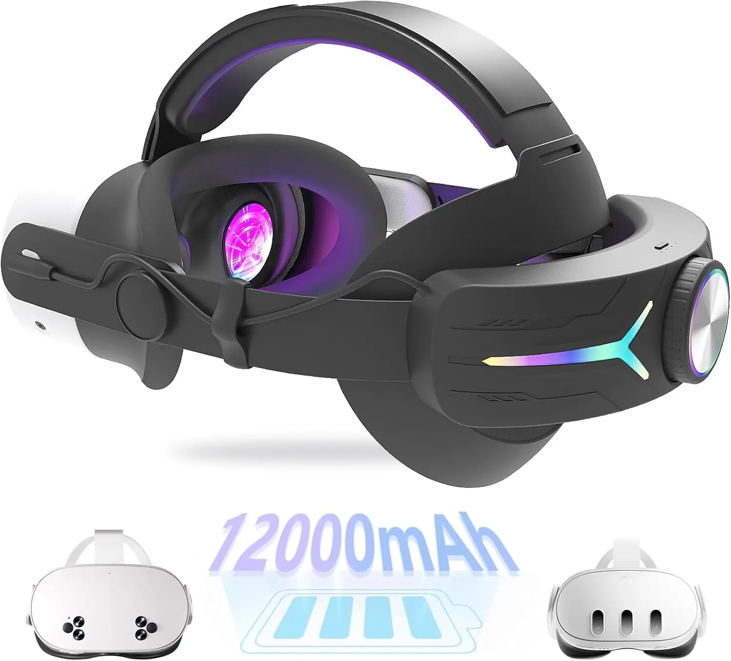 Head Strap 12000mAh for Meta Quest 3/3s Accessories Extended Playtime Comfortable Reduce Stress Quick Charge Adjustable Strap