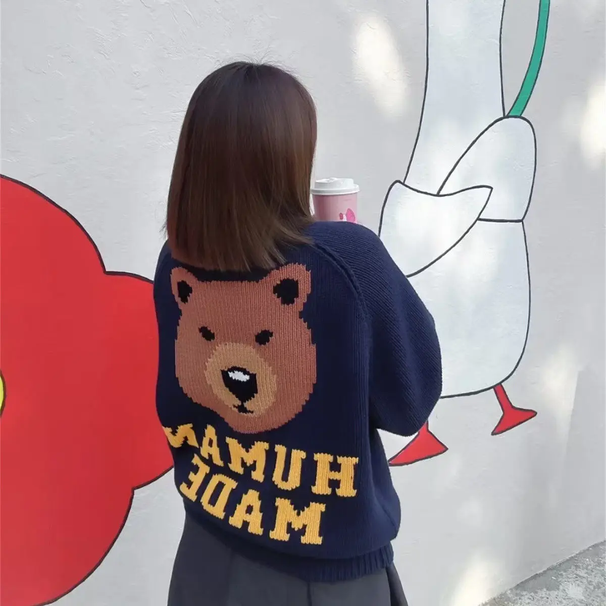 HumanMade Alphabet Bear Sweater, Vintage Japanese Style, Lazy Style, Casual, Unisex, Fashion Knitted Shirt, Warm Top