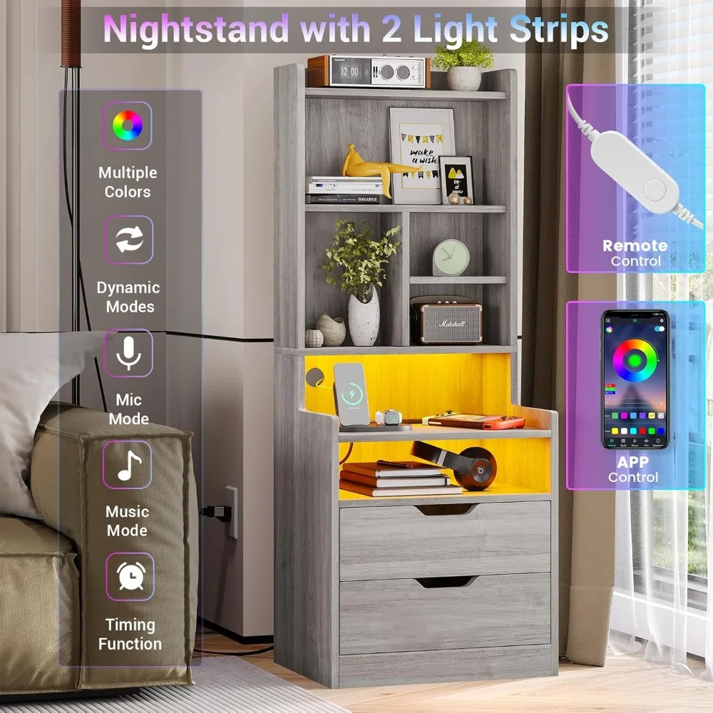 Tall Nightstand with Charging Station and LED Lights, LED Gray Nightstand with Drawers and Shelves, Tall Bedside Table Bookshelf image 3