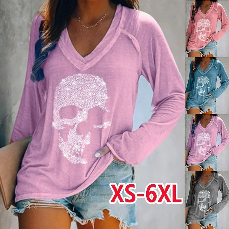 

Womens Autumn Winter Fashion Clothes Casual Long Sleeved T-shirt Loose Skull Printed Blouse Ladies V-neck Shirts Cotton Tops