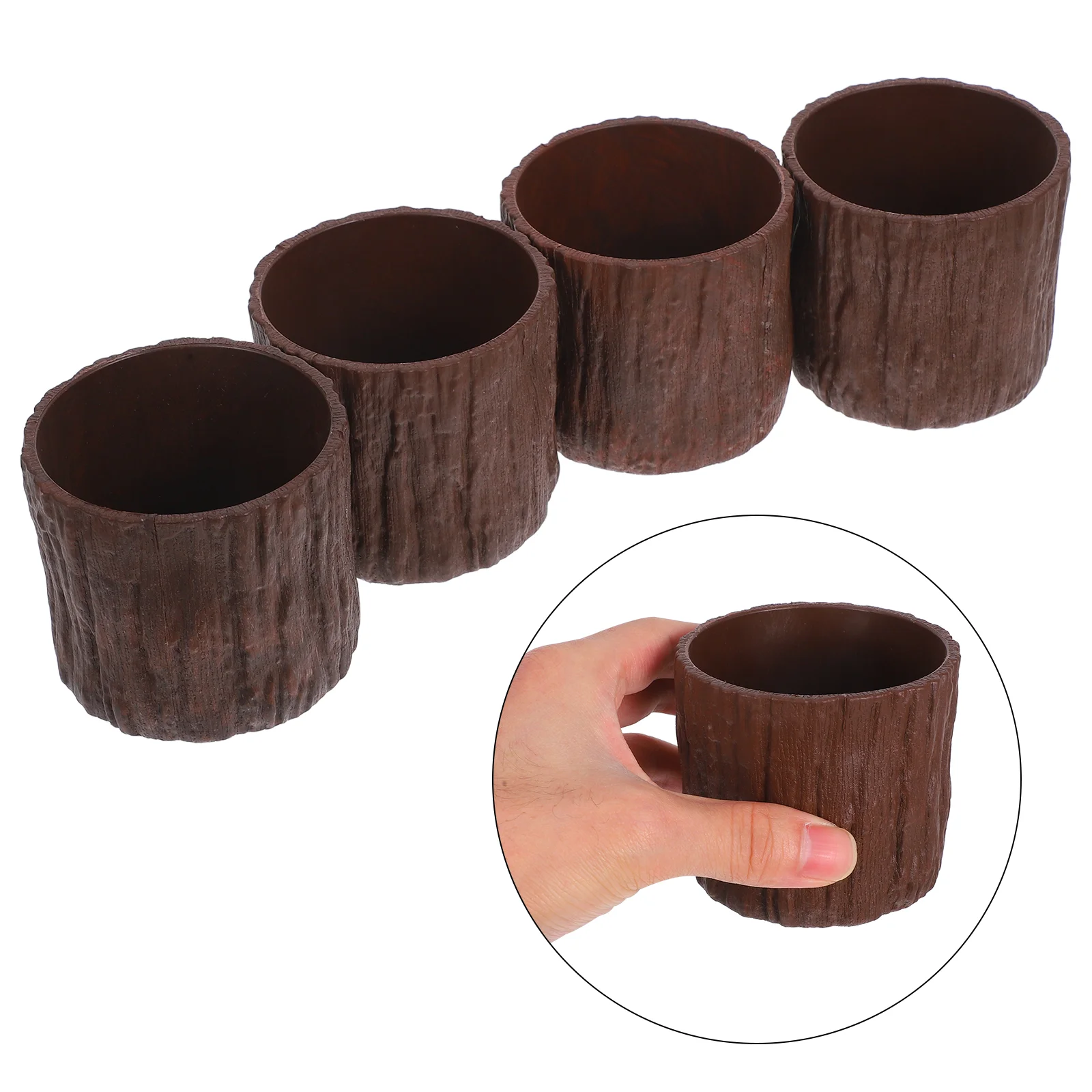 4 Mini Faux Wood Grain Plastic Flower Pots Ideal for Small Plants Succulents Balcony Indoor Decor Compact Rustic Bark