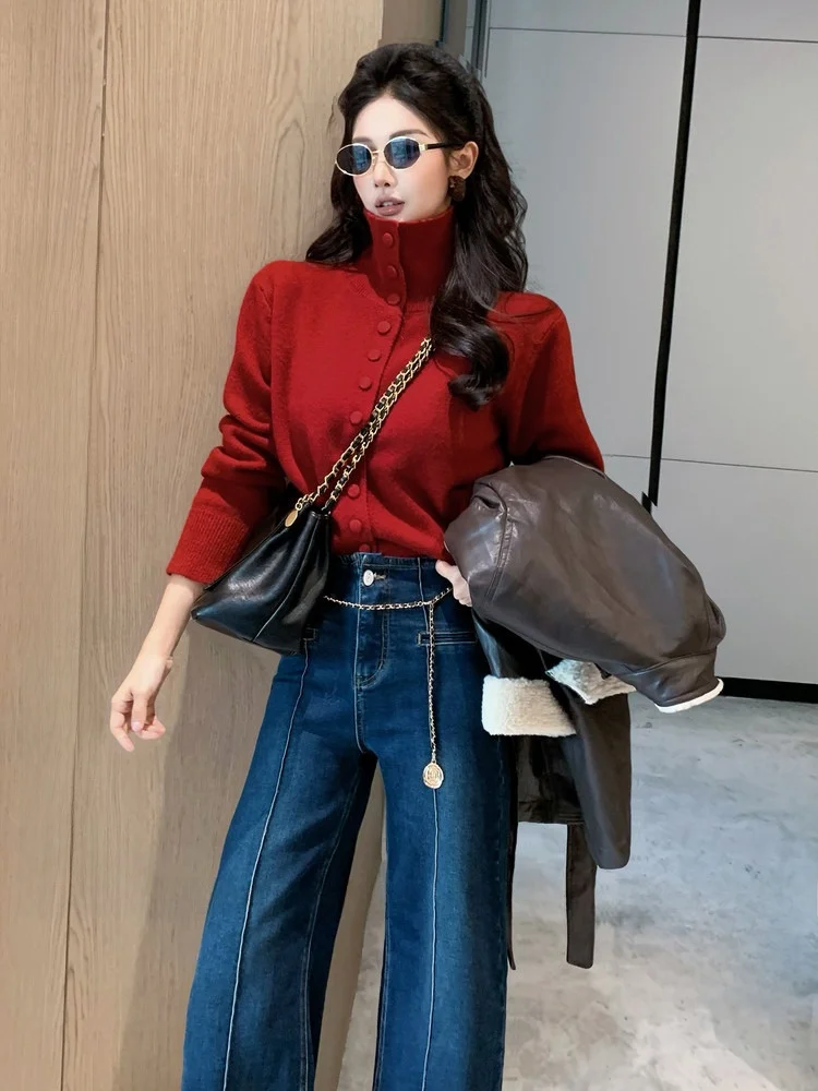 

Cisas Red Knitted Sweater Women's High Collar Slim Fit New Dadada Soft Medium Acrylic Casual Sle Long Sve Ciwalk