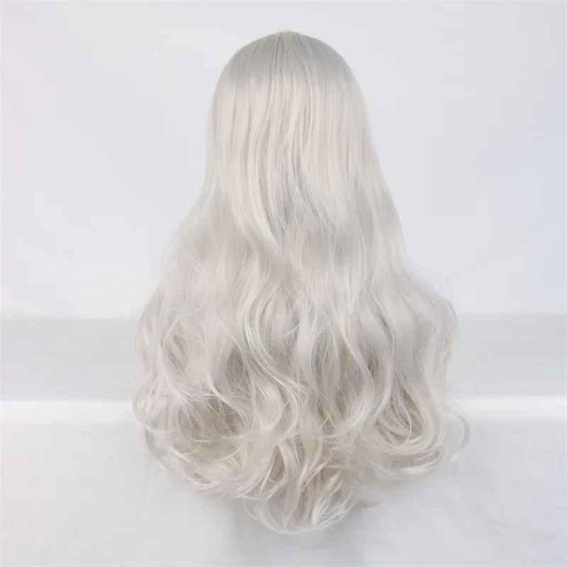 شعر مستعار نسائي من Rose net باللون الفضي والأبيض الأوروبي والأمريكي، شعر مستعار متوسط فضي طويل مجعد، ألياف كيميائية مموجة كبيرة