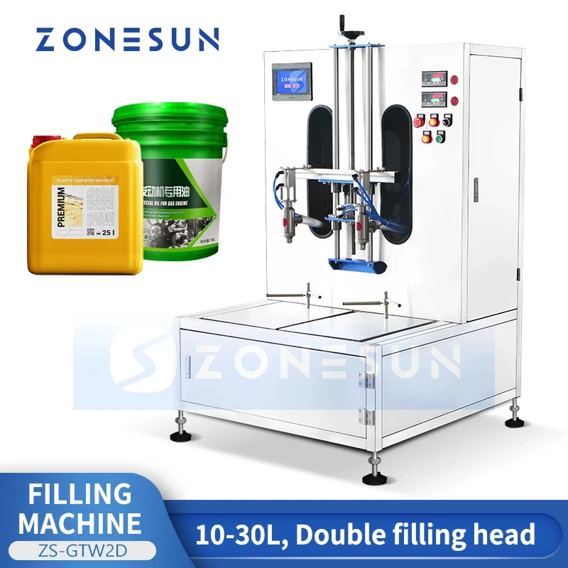 ZONESUN ZS-GTW2D Automatic Weighing Filling Machine Dual Head 5 Gallon Pail Liquid Weigh and Fill System with PLC Control