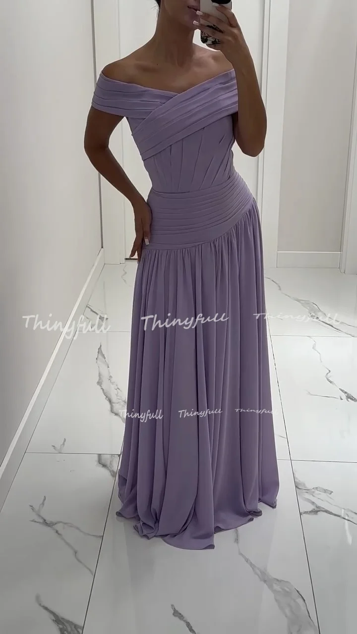 Thinyfull a 라인 쉬폰 댄스 파티 드레스 민소매 오프 숄더 플리츠 이브닝 드레스 비치 휴가 가운 Robe De Soirée Customized