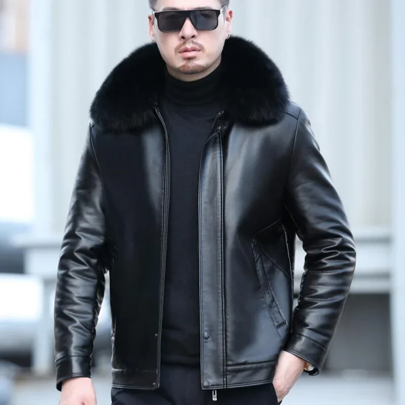 

2025 Men's Fur One Casual Thickened Motorcycle Jacket Mens Sheep Leather Coat Male Plus Cashmere Sheep Leather Jacket Short Coat
