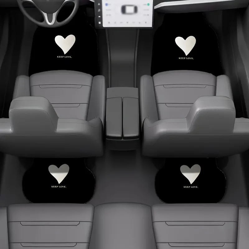 4pcs Black And White Heart Pattern Car Floor Mats Set - Anti-slip, All Season Polyester Vehicle Mats For Cars And SUVs - Perfect