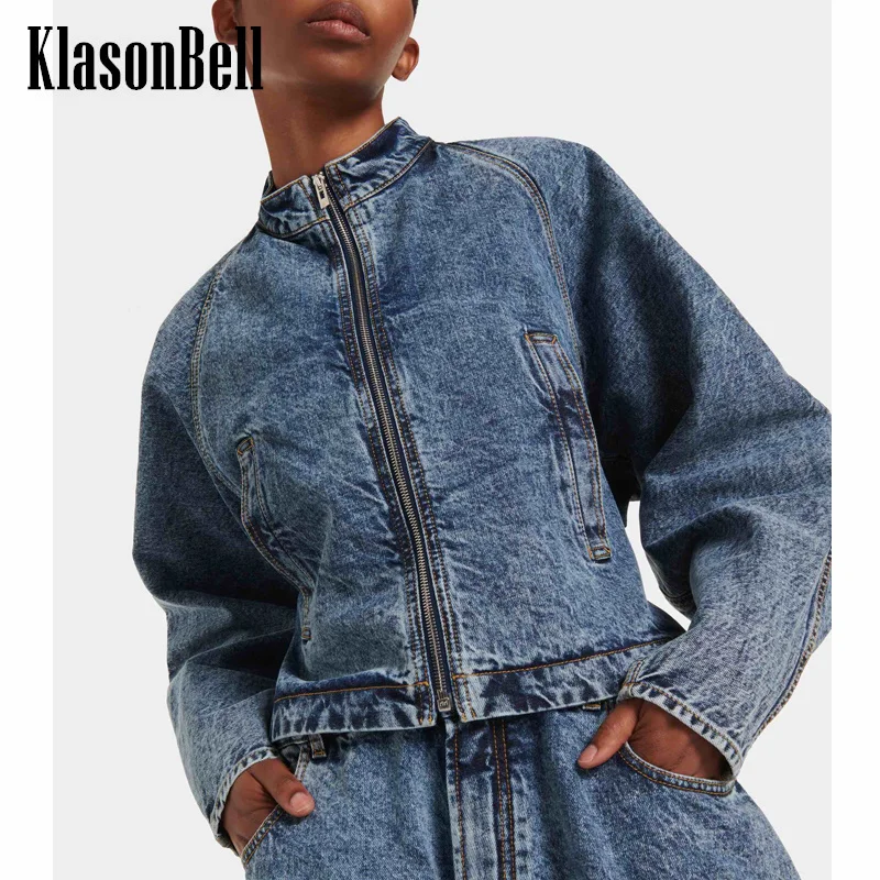 

7.30 KlasonBell Women Fashion Stand Collar Raglan Sleeve Washed Denim Jacket Fashion All-match Back Collect Waist Zipper Coat