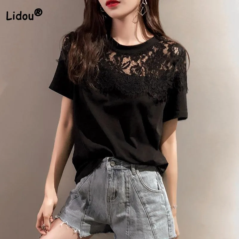 Tops femininos de renda com decote em O, camiseta monocromática emendada, simplicidade coreana, roupas femininas, combina com tudo, tendência do