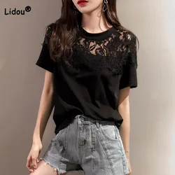 Women's Clothing Trend All-match Lace Spliced Solid Color T-shirt 2023 Summer Korean Simplicity Short Sleeve Ladies O-Neck Tops