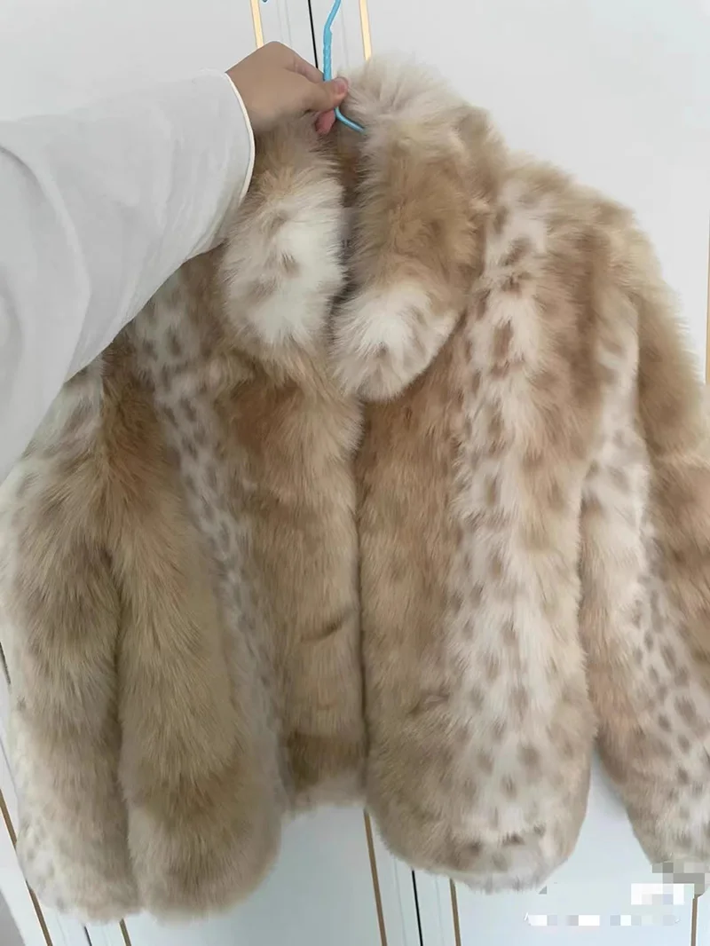 Mink Faux Fur Coat for Women Thick Warm Spotted Leopard Printed Vintage Short Fluffy Jacket Eco Fur Coat Winter Overcoat Female