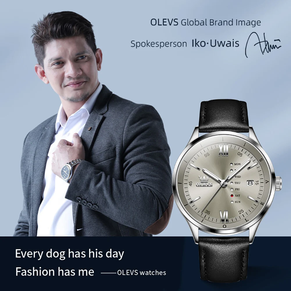 OLEVS Mens Watch Original แฟชั่นแบรนด์นาฬิกาควอตซ์ปฏิทินส่องสว่างสายหนังกันน้ําสวมใส่นาฬิกาพร้อมกล่อง