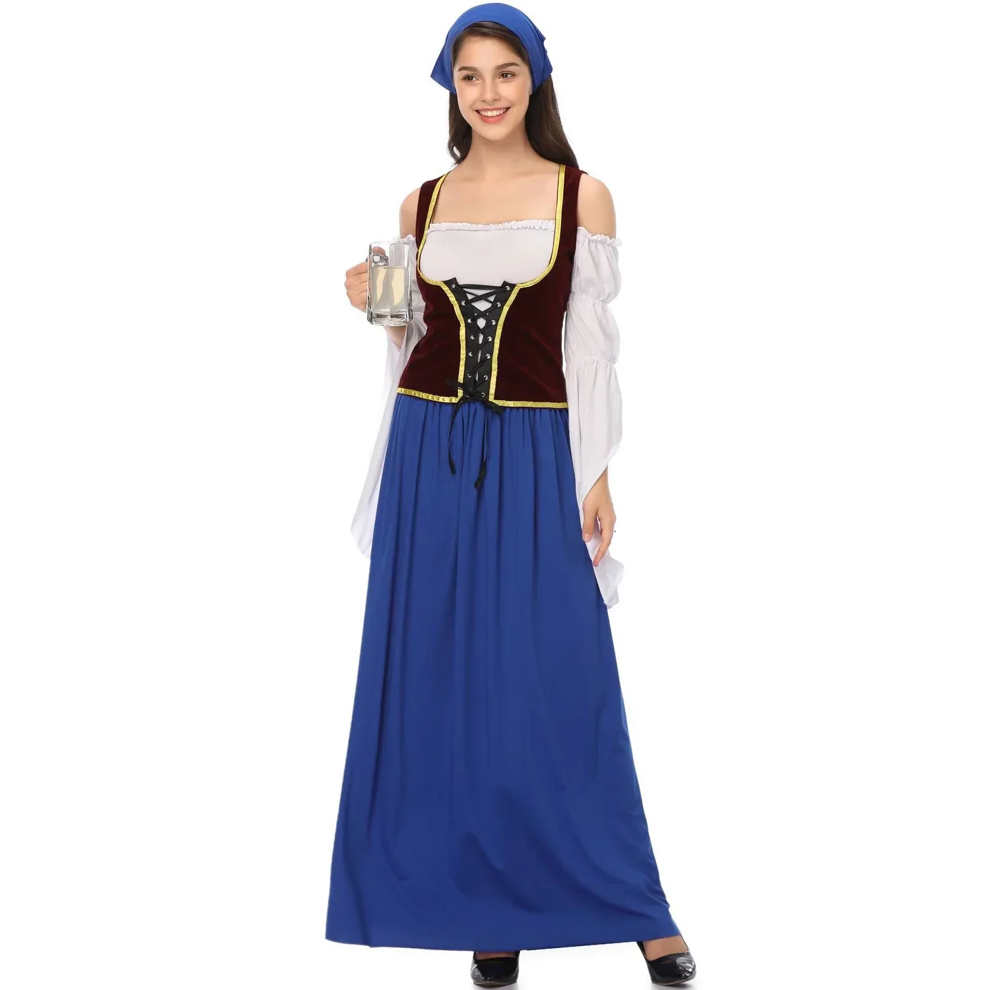 Women's German Dirndl Dress Vest Scarf 3pcs/set Beer Festival Bavarian Oktoberfest Costume Sexy Wench Maid Clothing