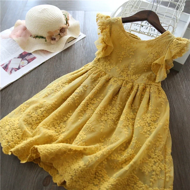 New Summer Dress for Kids Girls Embroidery Lace Flower Elegant Girl Wedding Princess Party Gown 3 -8Y Children Casual Clothings