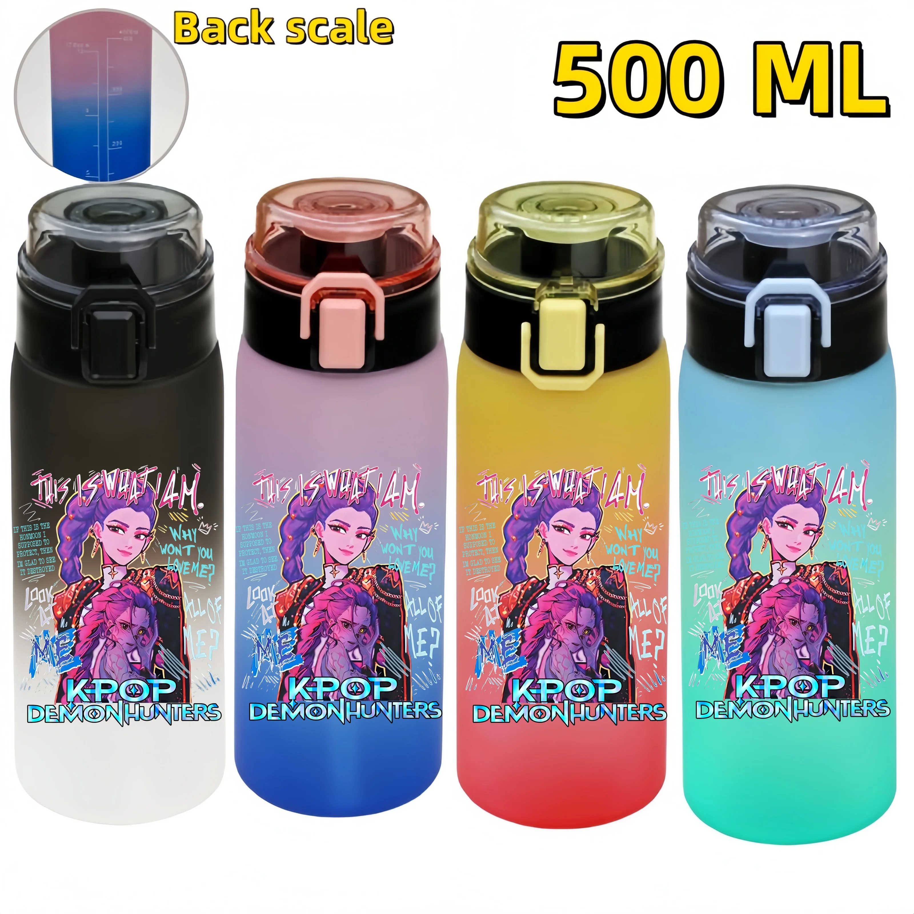 ขวดน้ำกีฬา KPop Demon Hunters ขนาด 500 มล. แบบพกพา ป้องกันการรั่วซึม ทำจากพลาสติก มีเส้นบอกระดับน้ำ สำหรับกีฬากลางแจ้งและฟิตเนส