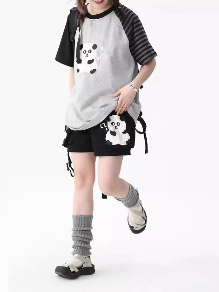 Pantalones cortos de algodón japonés Lolita para mujer, pantalones cortos informales bonitos y estéticos Y2k con cintura elástica Kawaii, bordado de Panda, verano
