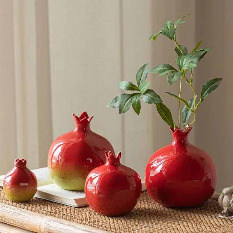 Handmade Ceramic Pomegranate Vase, Flower Arrangement Device, Tea Art Ornament Set, Chinese Home Decor