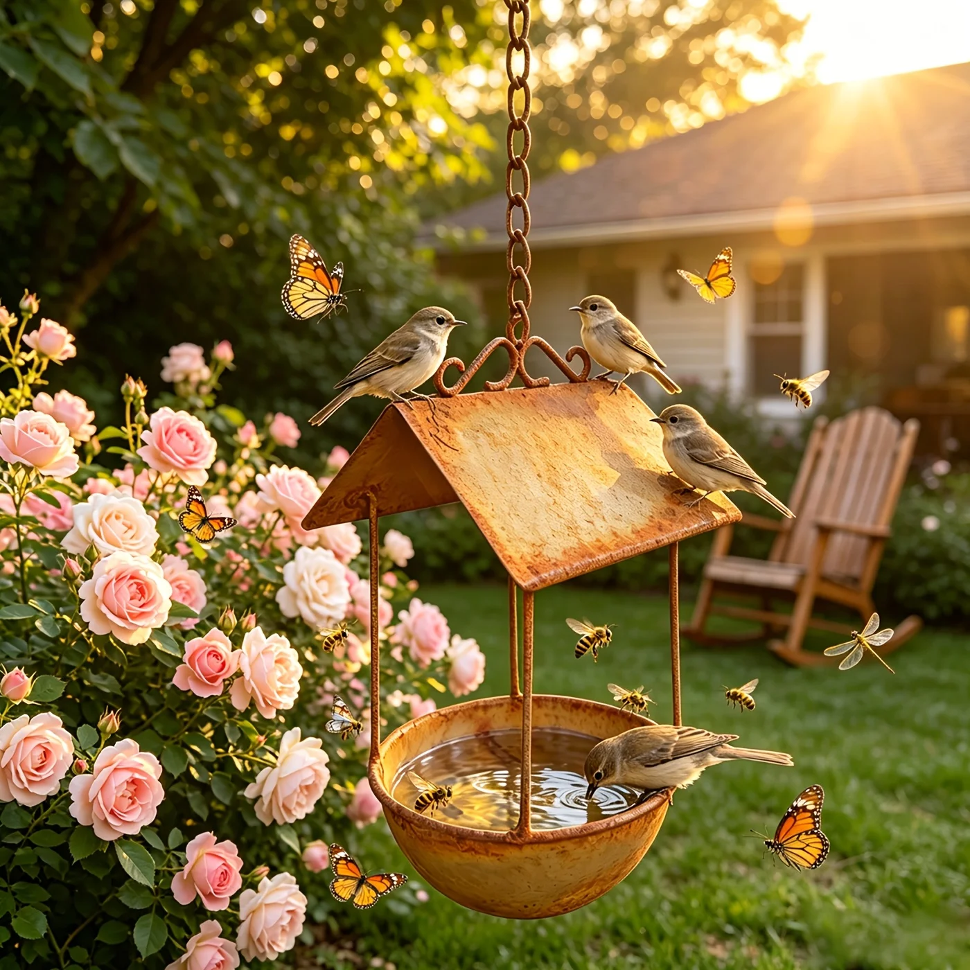 Wrought Iron Bird Feeder Rust Colored Hanging Feeder 1pc Wildlife Water and Food Supply Courtyard Home Ornament Outdoor Garden Decoration Excellent Gift for Bird Lovers