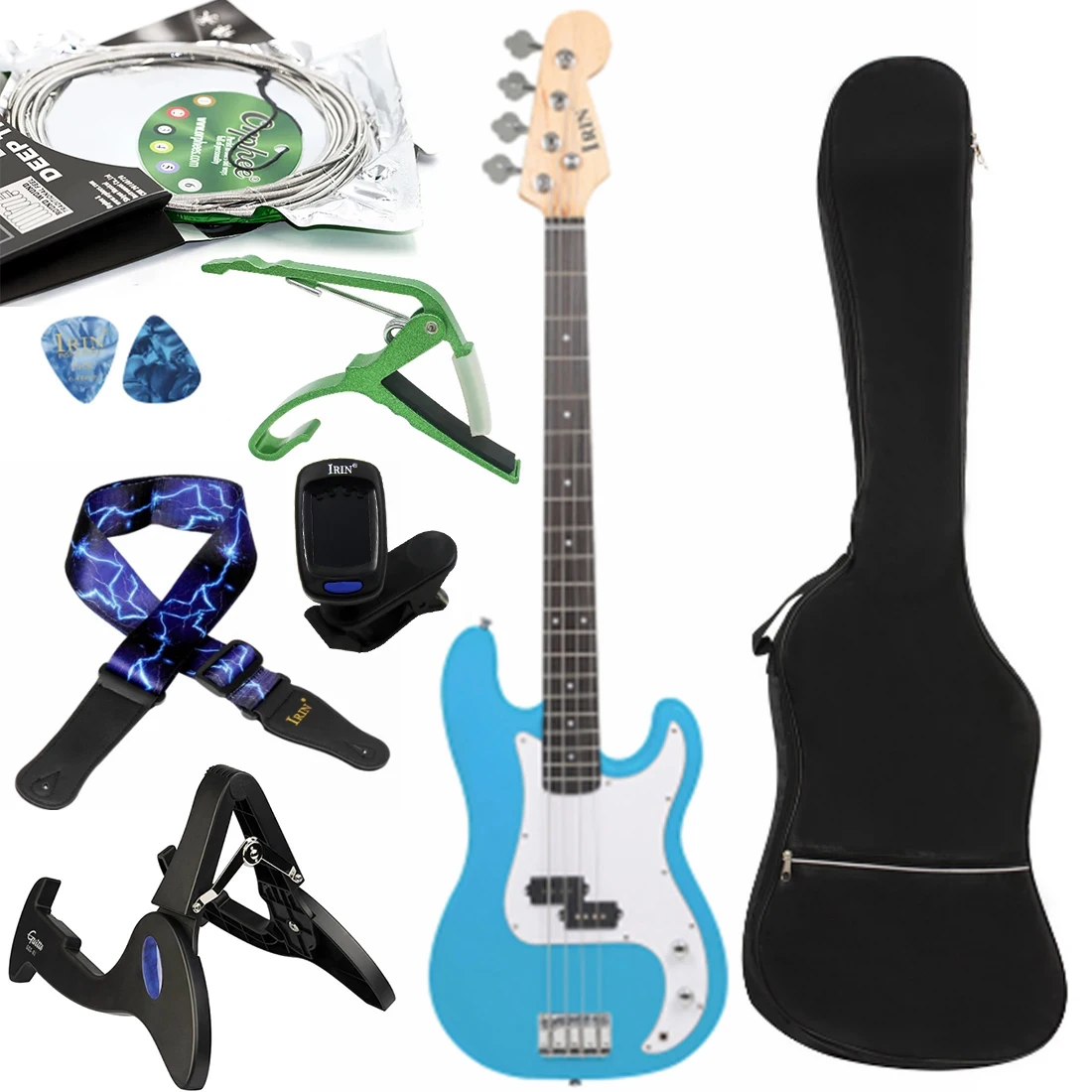 Sky Blue 4 String Electric Bass 20 Frets Basswood Body Bass Guitar with Tuner Strings Capo Stand Strap Accessories