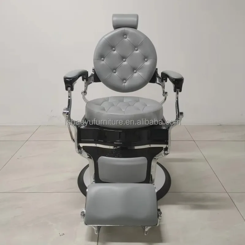 High Quality Durable Grey Leather Barber Chair Silver & Black Frame with Heavy Duty Hydraulic Pump for Men Hair Cut Salon