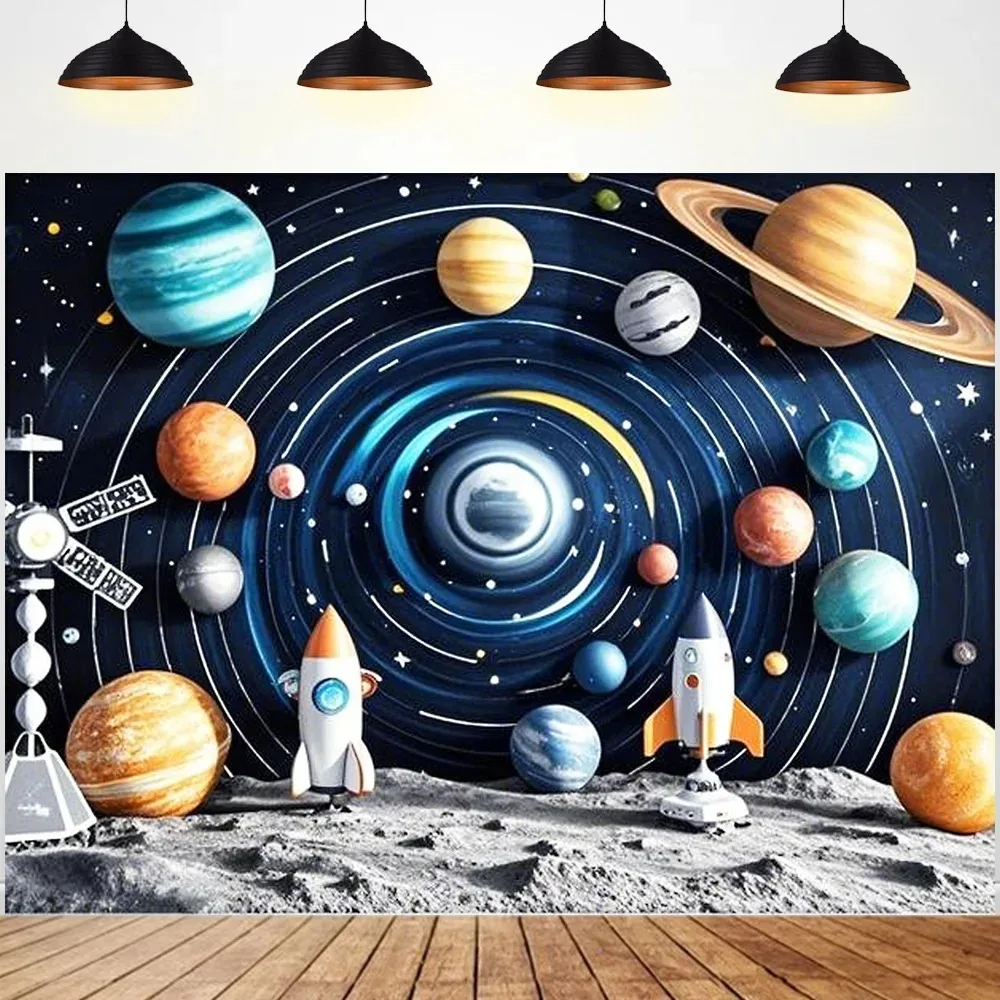 Space Astronaut Rocket Galaxy Planet Themed Banner Background, Children's Birthday Party, Home Decoration Photography Background