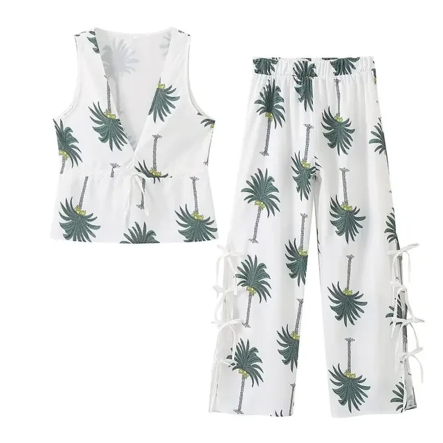 New Summer Women 2 Piece Set Print Bow Lace-Up V-Neck Sleeveless Waistcoat Top+Elegant Casual Loose Elastic Waist Long Pant