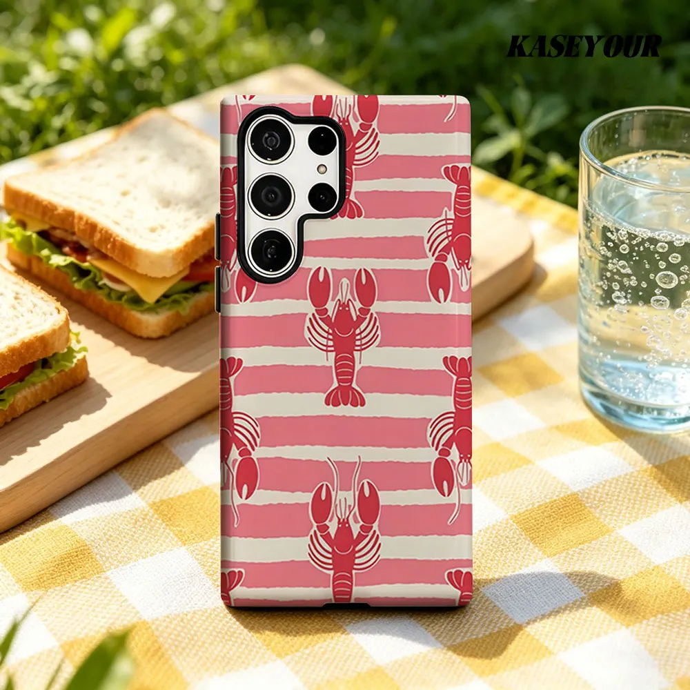 Nautical Lobster Stripes For Samsung Galaxy Phone Case S23 A57 S20 S25 FE S26 Plus S24 Ultra A56 A37 2-IN-1 Shockproof Bumper