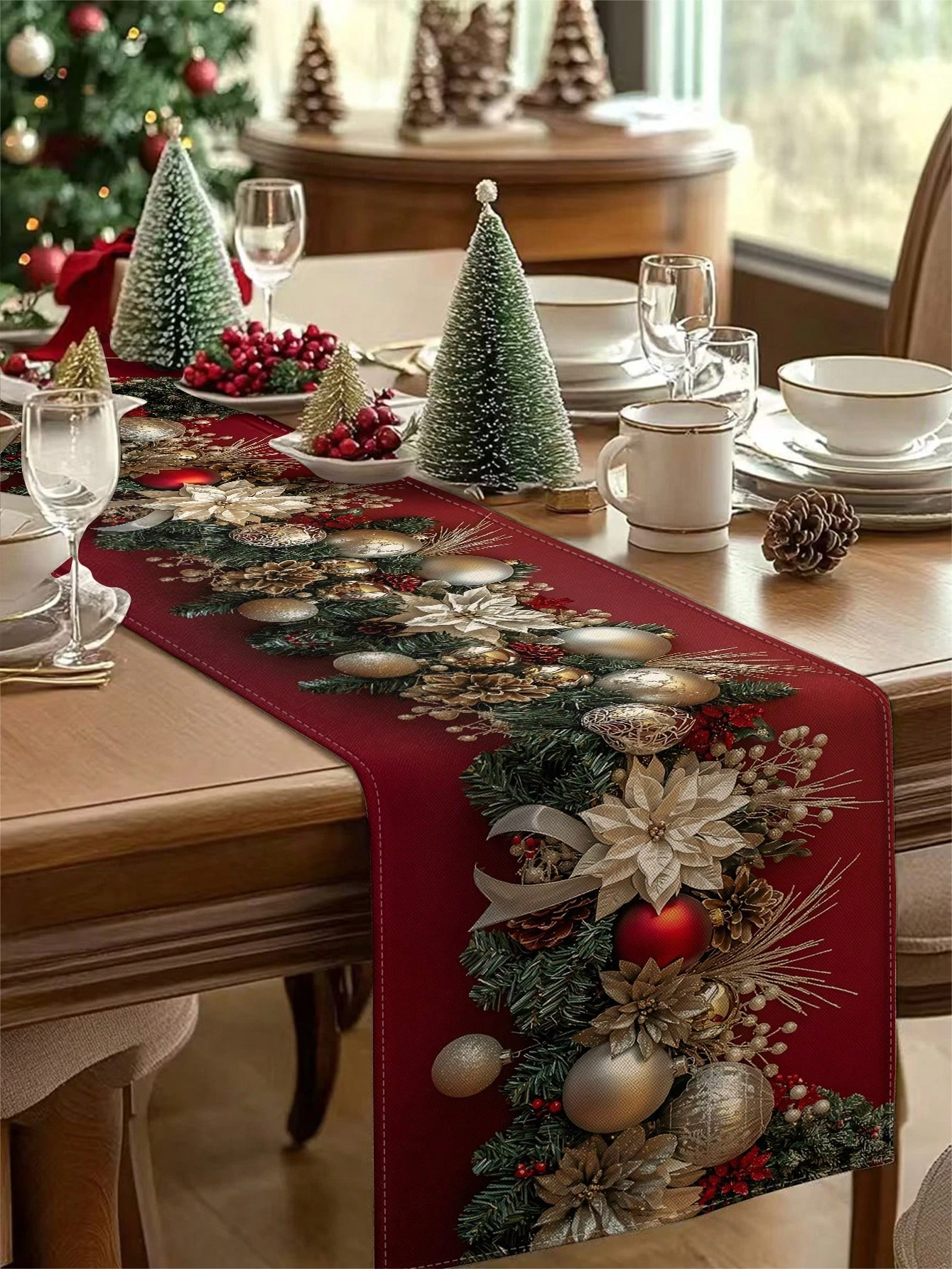 1pc Luxury Christmas Table Runner, Red & Gold Ornament Print Table Decor for Xmas Dinner Party