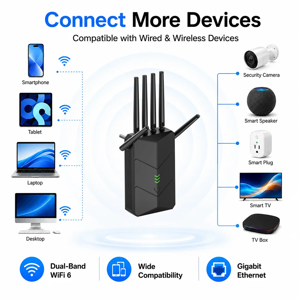 1800Mbps Wireless Repeater Dual Band 2.4Ghz 5GHz WiFi Extender Wi-Fi Amplifier Long Range Signal Expansion Booster