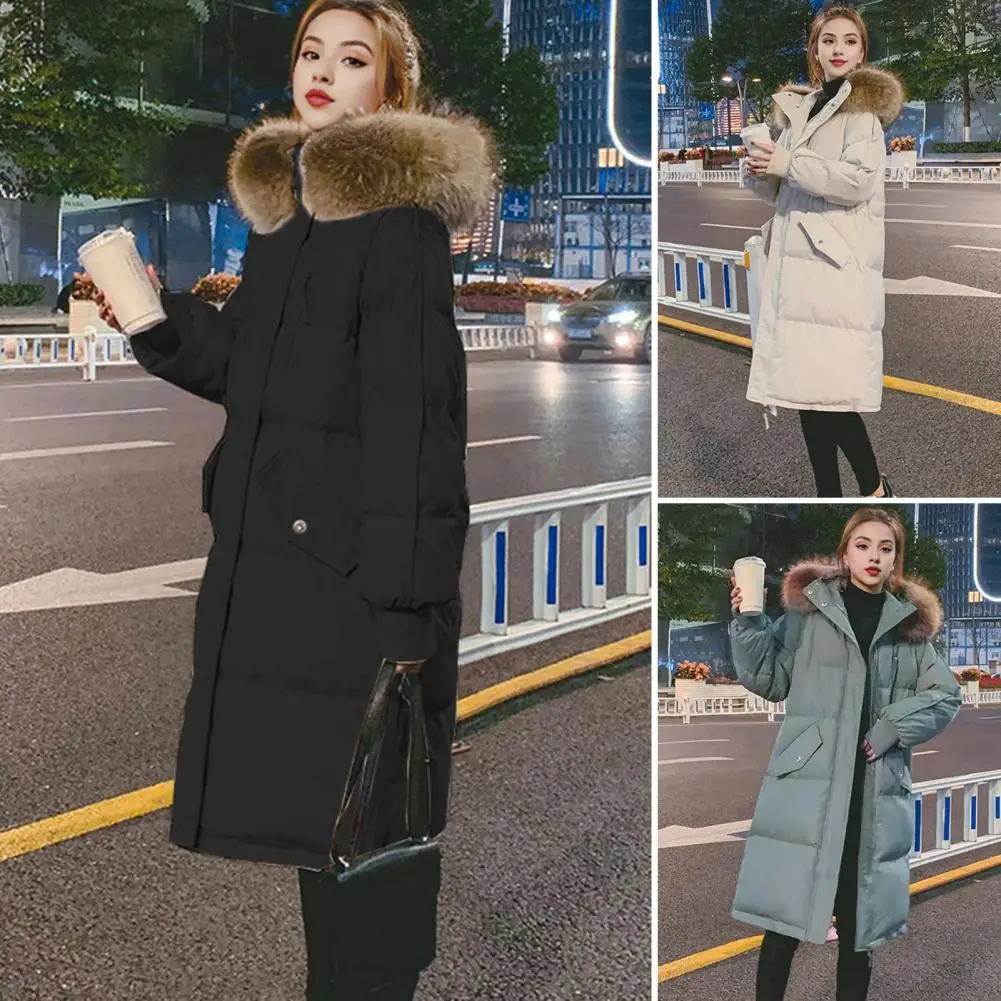 Cotton Coat With Hood Women\'s Winter Cotton Jacket With Furry Hood Heat Retention Knee Length Zip-up Coat For Windproof Outwear