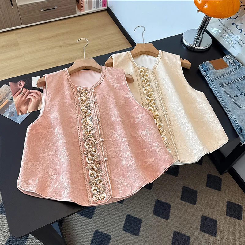 New Autumn Chinese Style National Trend Women's Vest Design Sense Bead Embellished Anti-Aging Top Outerwear Regular Length